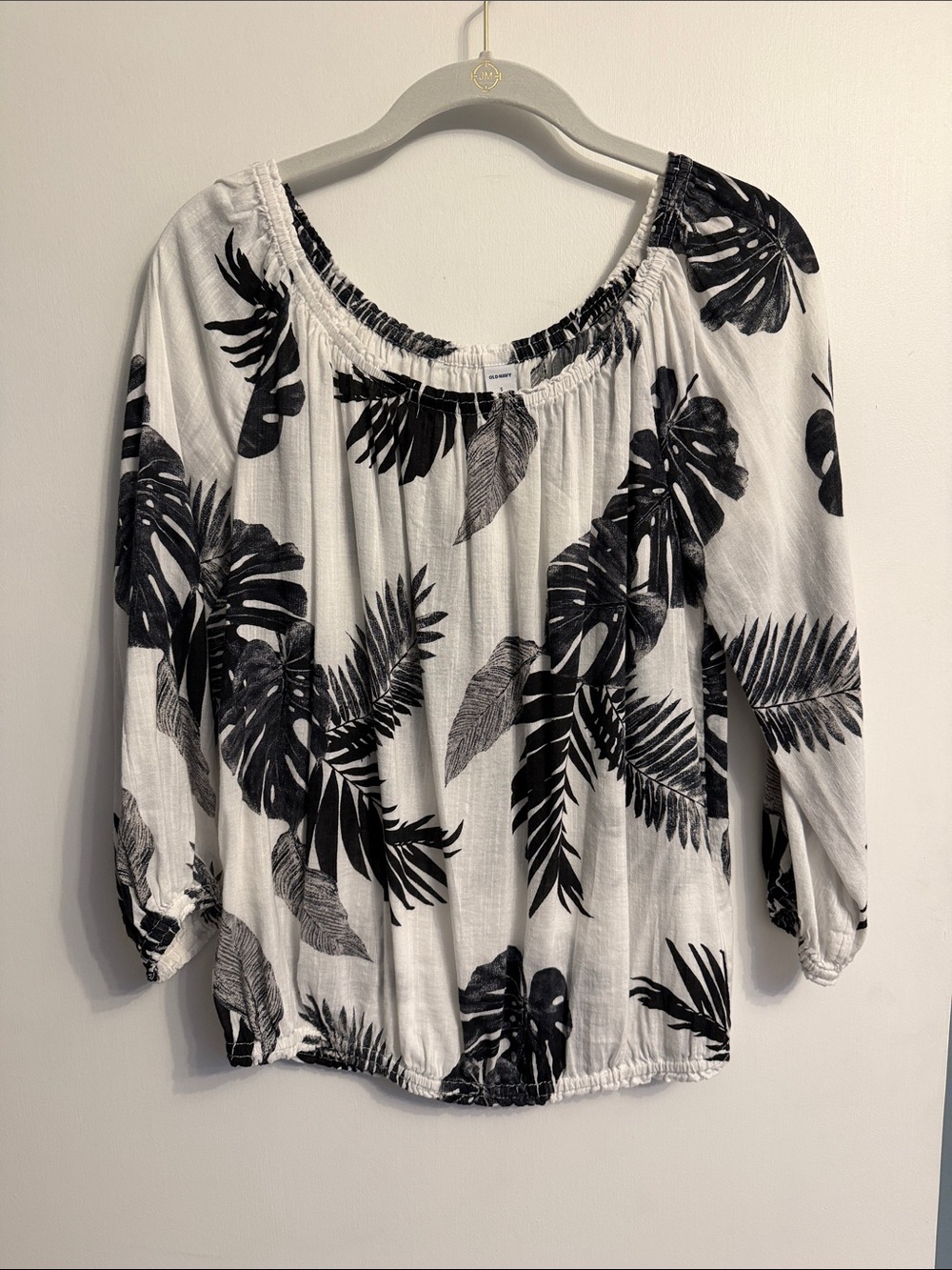 Old Navy White Off-Shoulder Top with Black Tropical Leaf Print